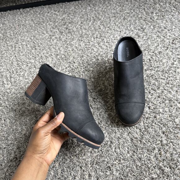 Sorel Addington Mules Waterproof Black Leather Block Heel Clogs Slip On 9.5 - Picture 1 of 8
